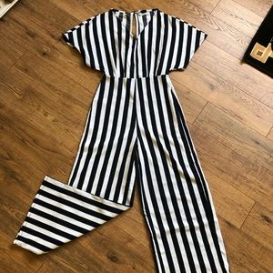 Bershka V-Neck Navy Striped Batwing Jumpsuit